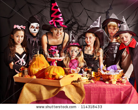 stock photo family on halloween party with children making carved pumpkin 114318433